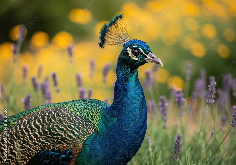 Fototapeta premium Majestic blue peacock portrait in a summer garden, vibrant Indian peafowl among lavender flowers, exotic bird with iridescent feathers