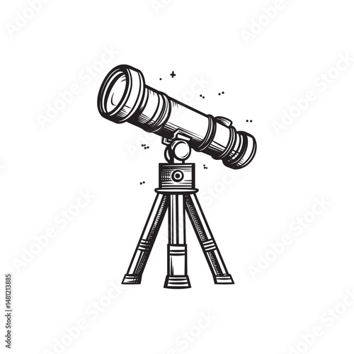 Black line art displays a classic telescope viewing stars with tripod legs