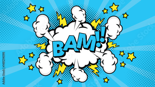 Comic speech bubble with text Bam!, colorful halftone vintage pop art background design