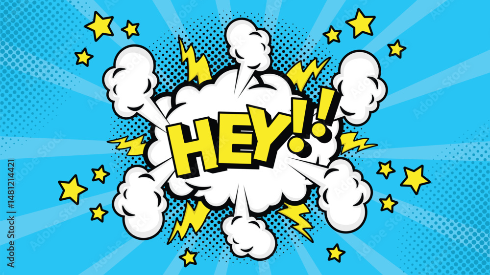 Fototapeta premium Comic speech bubble with text Hey!, colorful halftone vintage pop art background design
