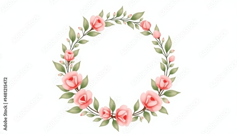 Delicate floral wreath design with soft pink roses and leaves. Delicate floral wreath design with soft pink roses and leaves.
