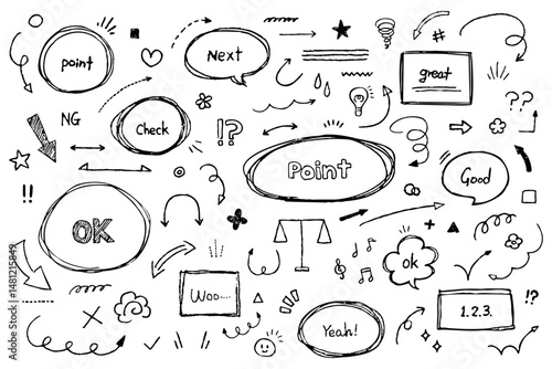 手描き　落書き_黒板　ホワイトボード　フレーム　矢印　いたずら書き　ラフ　イラスト　ベクター