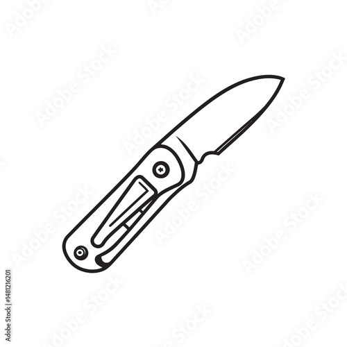 Black line art showcases a folding pocket knife's detailed minimalist design on transparent backdrop