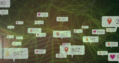 Digital data visualization floating over 3D wireframe mesh, displaying heart pin bell count icons
