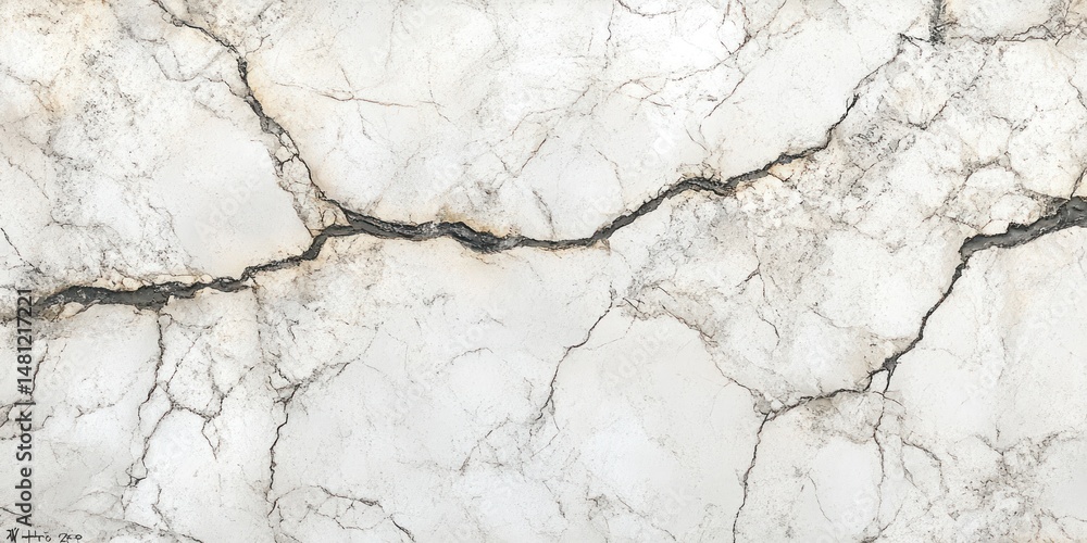 Fototapeta premium Close-up view of cracked white marble surface with natural veins and fractures creating an abstract textured pattern