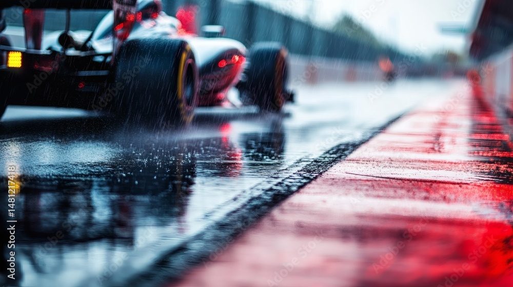 Naklejka premium A formula one car racing in the rain, creating a dynamic splash of water on the track.