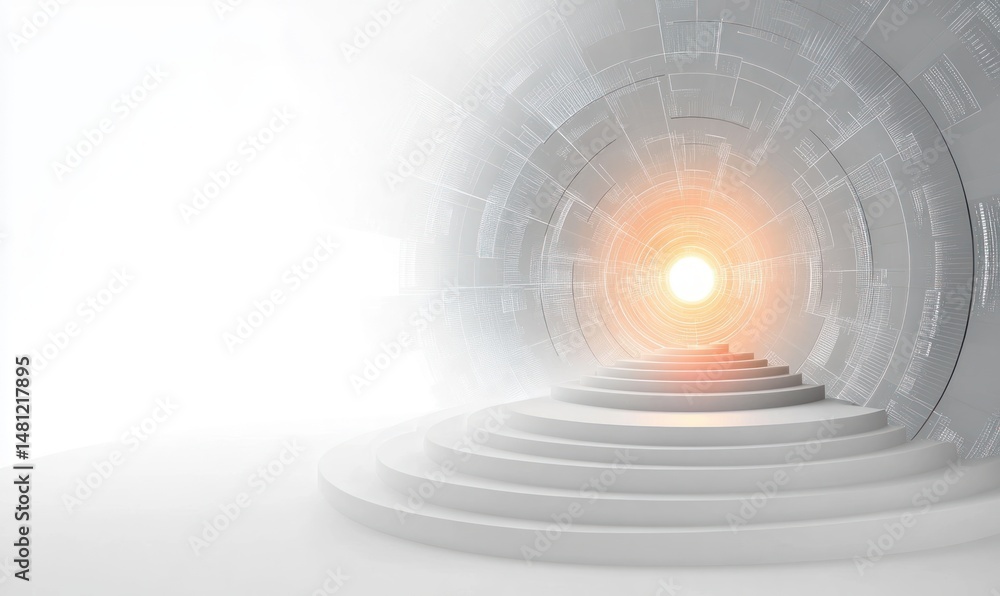 Fototapeta premium A futuristic circular tunnel with digital patterns and bright glowing light at the end, featuring concentric steps leading toward the light suggesting a journey or transition