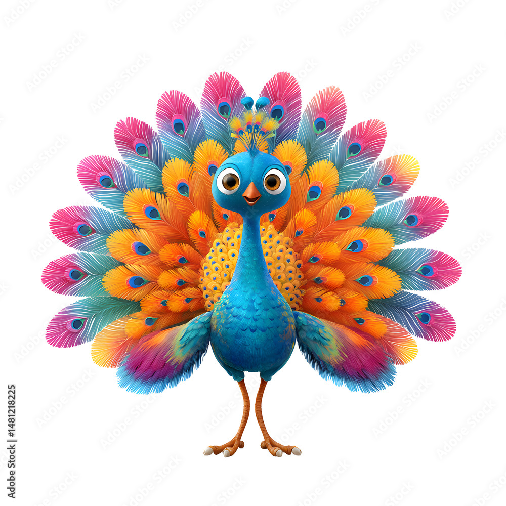 Fototapeta premium Vibrant Animated Peacock: A colorful bird with a big fan tail standing against a black background.