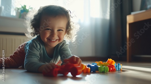 Adorable Little Girl Smiling and Playing with Colorful Building Blocks at Home