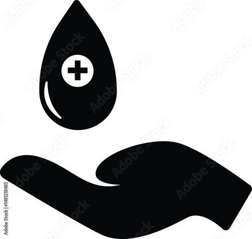 simple one hand holding illustration with blood cross symbol, healthcare or medical black and white icon design
