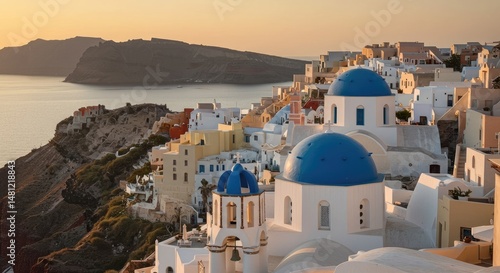 Colorful Santorini village at sunset
