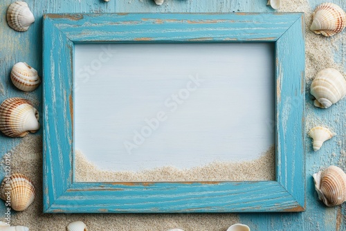 Empty frame, surrounded by seashells and sand, on a blue wooden background