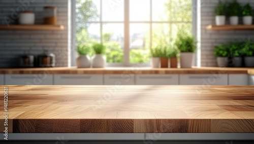 Bright and modern kitchen countertop made of wood with blurred background of window, shelves, and green plants creating a fresh and cozy atmosphere
