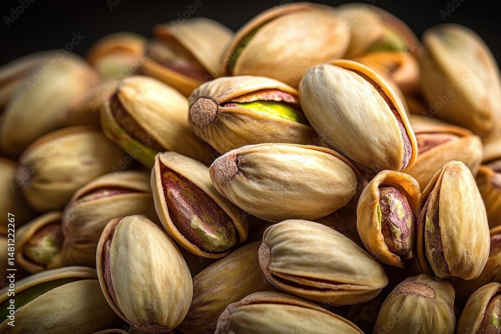 Close-up view of a pile of open pistachio nuts with light brown shells revealing greenish kernels inside, highlighting texture and natural detail Close-up view of a pile of open pistachio nuts with light brown shells revealing greenish kernels inside, highlighting texture and natural detail