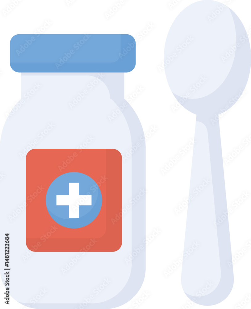 Obraz premium colorful syrup medication and spoon illustration with cross symbol, healthcare icon design