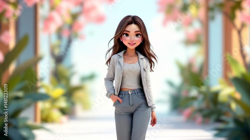 Stylish Cartoon Girl Walking in a Spring Garden