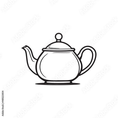Black outline conveys a simple teapot featuring a curved handle and rounded lid