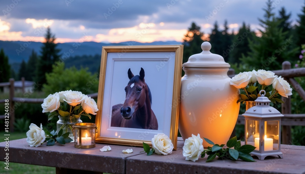 Fototapeta premium Horse Memorial Scene with White Cremation Urn, Framed Portrait, White Roses, and Lanterns at Sunset. Peaceful Farewell After Cremation. 
