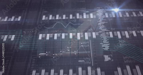 Translucent bar and line charts animating on holographic grid dashboard, featuring data waveforms