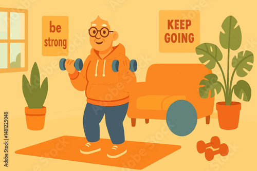 older woman exercising with small dumbbells in her cozy living room gym