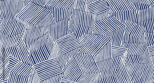 Hand drawn brush lines abstract geometric cubes pattern in white and blue, Japanese and ethic wood carving, engraving texture background, simple graphic for textile, carpet, wrapping paper
