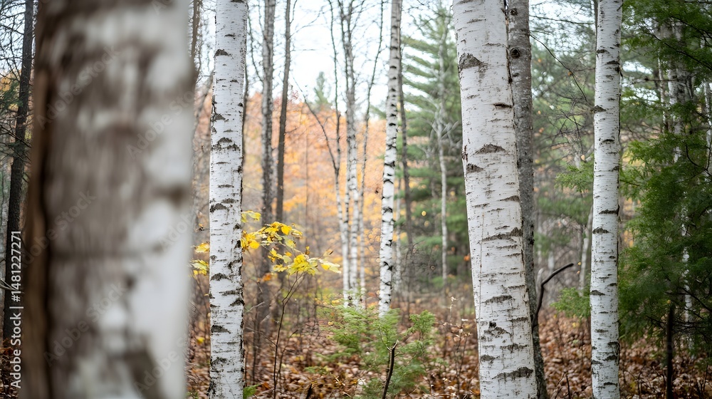 Obraz premium A forest of birch trees in autumnal light.