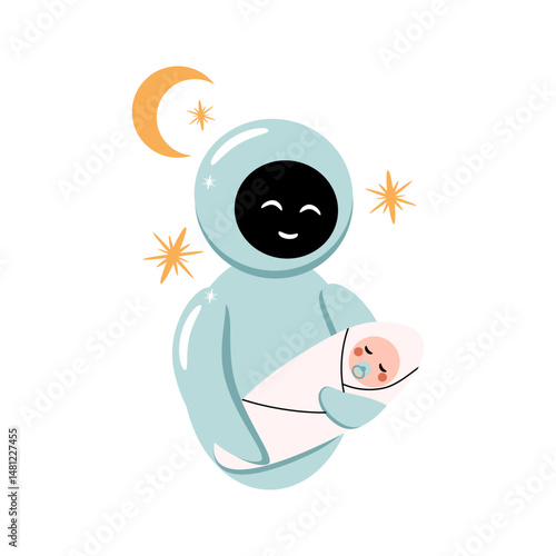 Nanny Robot Gently Rocking Baby. Futuristic Parenting Concept Illustration. artificial intelligence