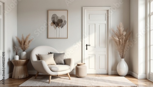 ミニマルデザインのモダンな北欧インテリアと、居心地の良いリラックスコーナー。 ソフトなベージュとクリームのカラーパレット、自然素材、北欧家具と装飾的な要素で満たされた明るい部屋。