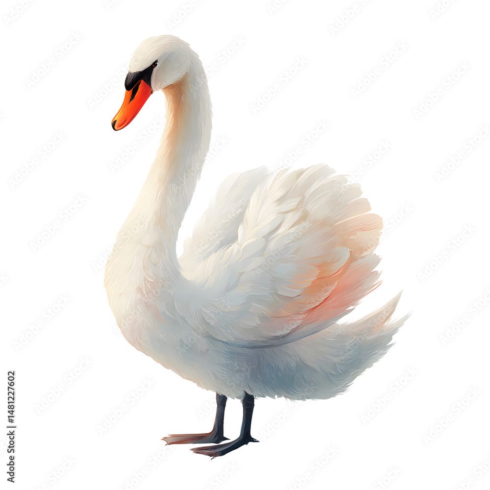 Fototapeta premium Graceful swan with pristine white feathers, elegantly posing with its curved neck against a dark backdrop.