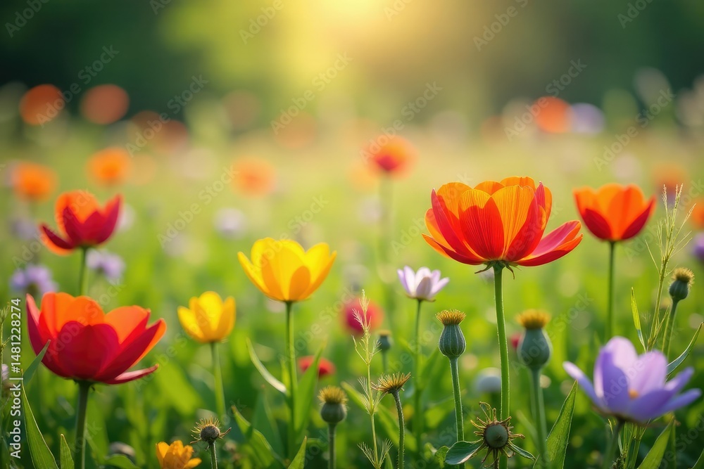 Obraz premium Vibrant wildflowers, meadow in full bloom, sunlit, rural, flora, daylight