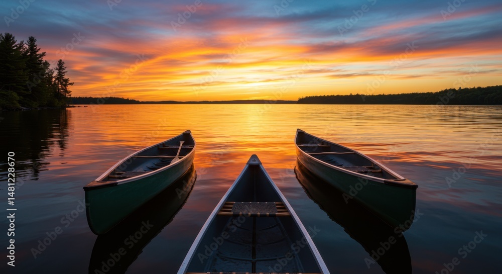 Fototapeta premium Canoes on lake reflecting sunset serenity, calm water and colorful sky