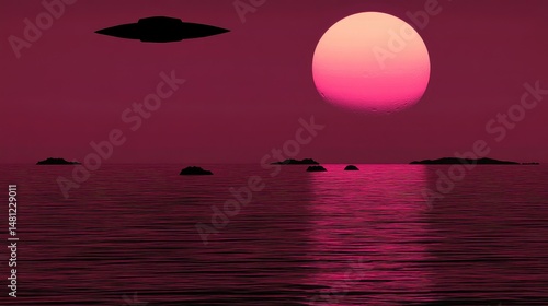Mysterious  flying object over a magenta sunset sea.