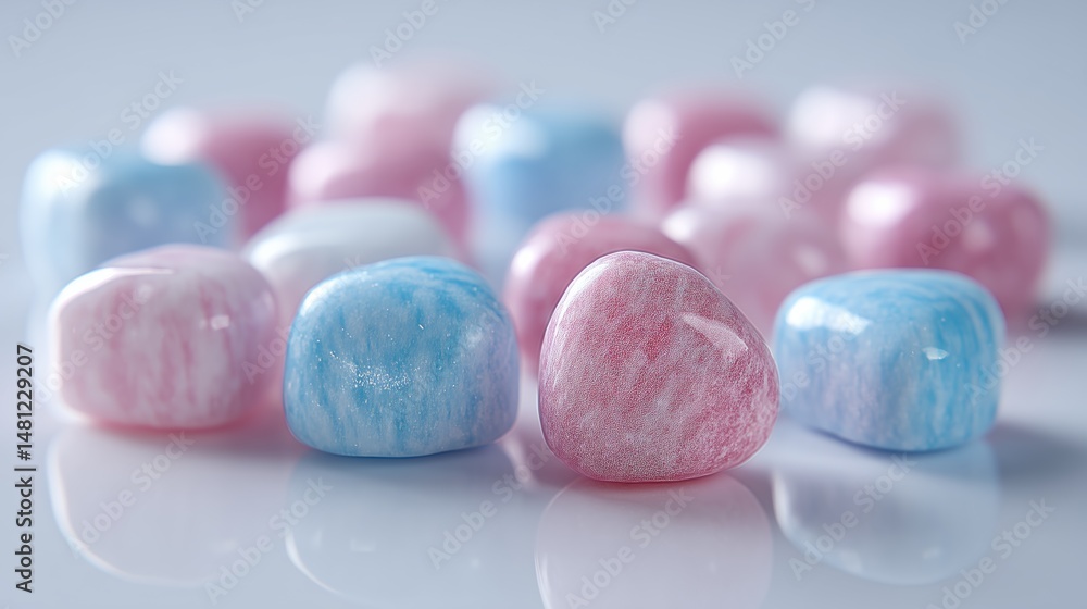 A collection of colorful, smooth stones in pastel shades of pink and blue, arranged on a reflective surface. The soft colors create a calming and serene atmosphere. A collection of colorful, smooth stones in pastel shades of pink and blue, arranged on a reflective surface. The soft colors create a calming and serene atmosphere.