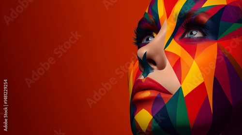 Chromatic Portrait: An enigmatic face painted with vibrant geometric patterns gazes into the distance, colors blending into a striking and abstract display of art and beauty.