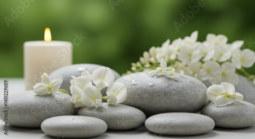 Spa stones with candle representing serenity and relaxation, featuring white flowers and smooth rocks