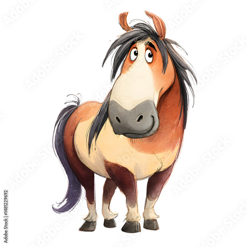 Cartoon horse with brown, tan, and white coat, friendly expression, on a black background, digital art.