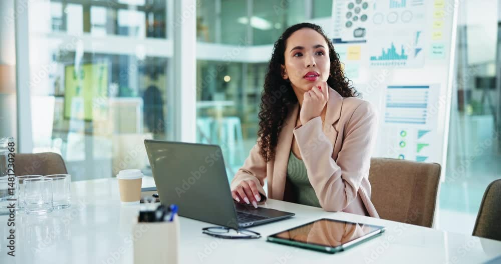 Office, businesswoman and thinking with laptop for information, finance and corporate investment. Ideas, female person and financial advisor with tech for research report, risk management and typing Office, businesswoman and thinking with laptop for information, finance and corporate investment. Ideas, female person and financial advisor with tech for research report, risk management and typing