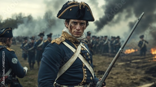 Napoleonic Soldier in Battlefield Scene with Musket – Historical Reenactment of 18th Century Warfare, Military Uniform, Infantry Tactics, and Dramatic War Atmosphere

