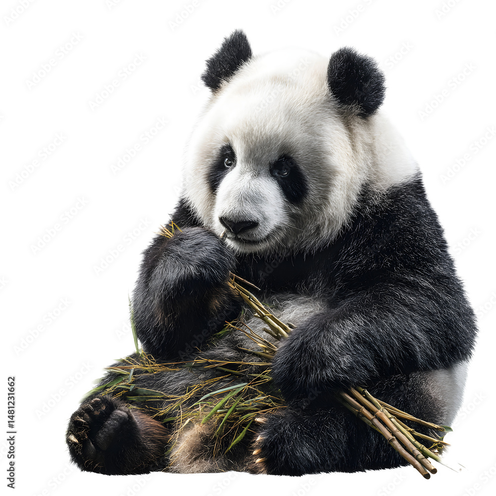 Obraz premium Panda eating bamboo: An adorable giant panda pauses to munch on a handful of bamboo shoots, holding them gently.