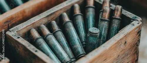 Wooden ammunition box filled with antique bullets.