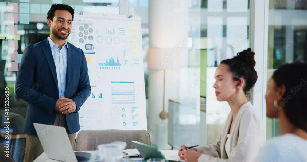 Businessman, presentation and speaker with graphs for administration, research or data in office. Applause, success and review in workplace for profit feedback, problem solving or whiteboard report