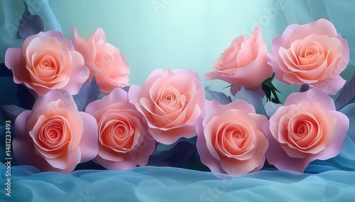 a delicate arrangement of soft pink roses with purple leaves on a smooth blue fabric background conveying elegance and tranquility