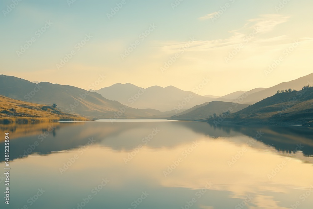 Fototapeta premium A breathtaking view of a serene mountain landscape at sunrise, with golden light illuminating the peaks and a calm lake reflecting the scenery. Perfect for use in travel marketing, nature blogs
