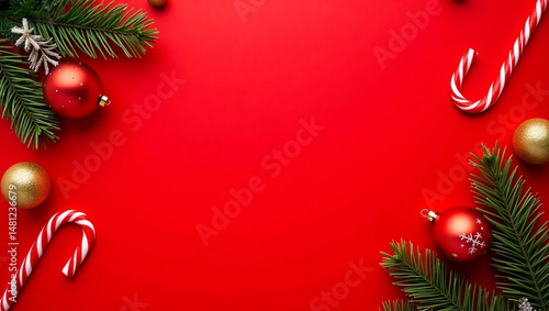 Holiday Themed Border with Greenery, Balls, and Candy
