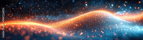 Glowing wave of vibrant orange and blue particles creating a sparkling landscape against a dark starry background, evoking a sense of wonder and cosmic beauty