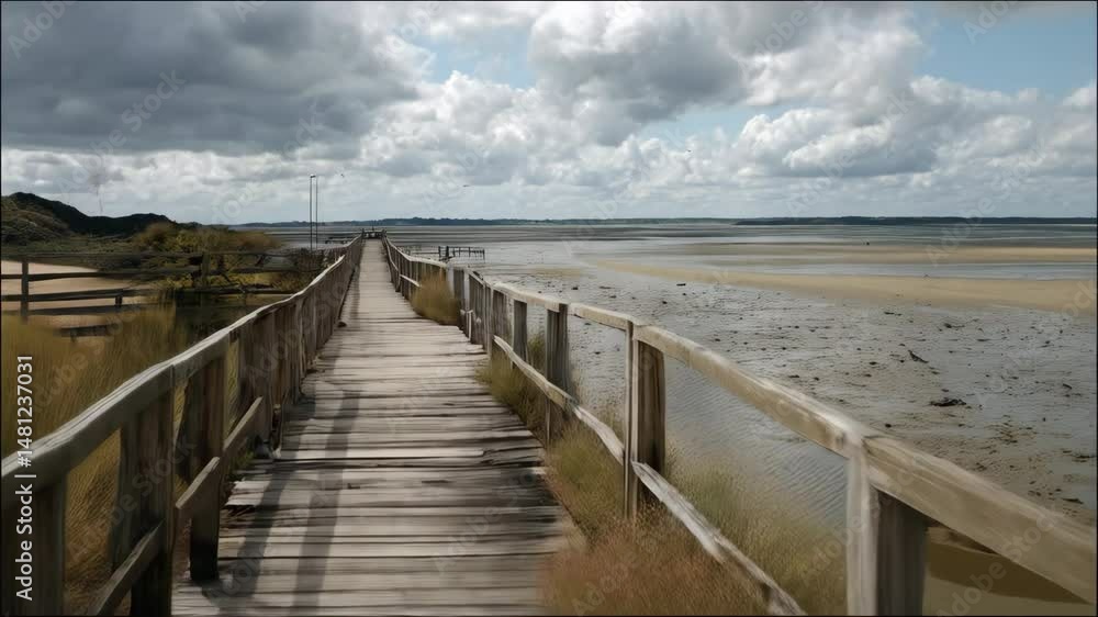 Rustic wooden boardwalk stretching across a coastal tidal plain with cloudy skies, creating a pathway through the wetlands environment. Rustic wooden boardwalk stretching across a coastal tidal plain with cloudy skies, creating a pathway through the wetlands environment.