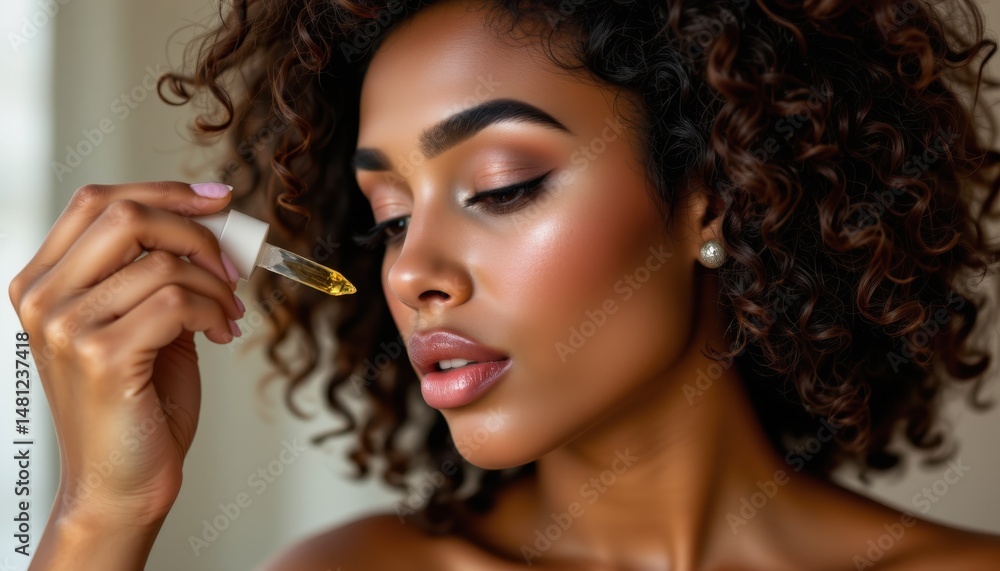 Obraz premium Skincare routine applying oil serum home setting beauty shot natural light close-up health and wellness