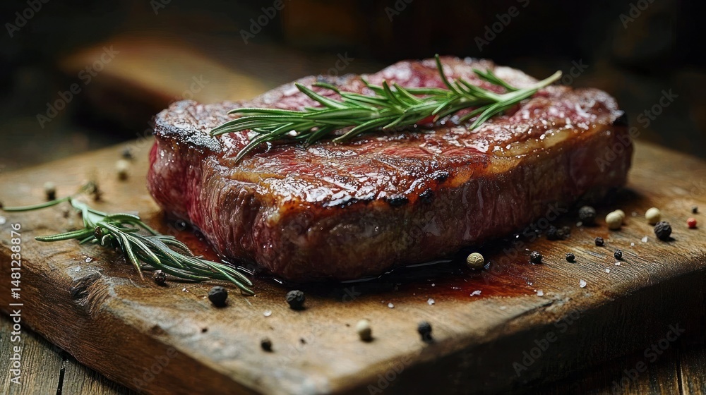 Juicy grilled steak garnished with fresh rosemary on a rustic wooden cutting board with scattered peppercorns and coarse salt Juicy grilled steak garnished with fresh rosemary on a rustic wooden cutting board with scattered peppercorns and coarse salt