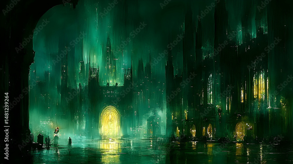 Naklejka premium Eerie, glowing city at night reflected in dark water; mysterious figures stand near a large, luminous gate