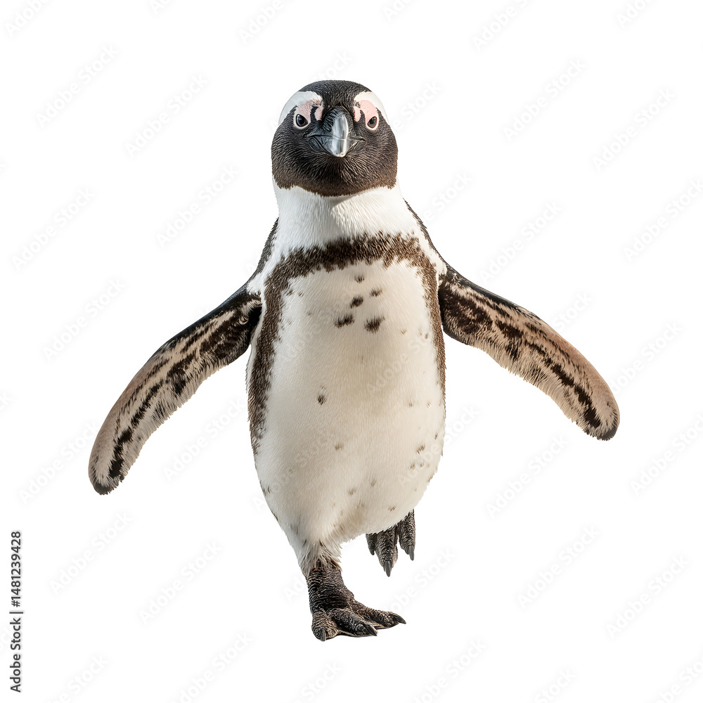 Naklejka premium Charming penguin, spreading its wings wide and balancing on one leg against a stark dark background.
